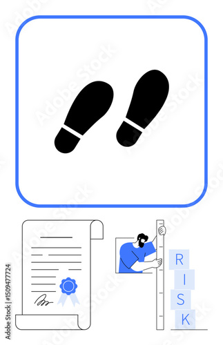 Footprints signify steps, certification document with a seal, person arranging risk-related blocks. Ideal for guidance, certification, strategy, compliance, planning, leadership simple landing page