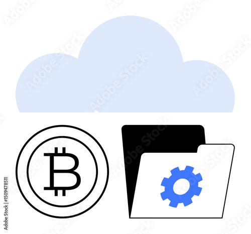 Cloud symbol above Bitcoin sign and folder with gear, representing secure file storage, blockchain, technology, and digital management. Ideal for security, decentralization, finance, innovation
