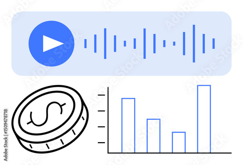 Audio playback button with wave visualization, dollar coin icon, and bar chart. Ideal for finance, analytics, audio tech, online business, investment growth, monetization and simple landing page