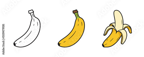 Three stylized illustrations of a banana: first, a simple outline; second, a full, ripe yellow banana with a green stem; and third, a peeled yellow banana, revealing its edible fruit