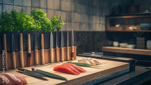 Sushi Preparation Area with Fresh Fish and Knives