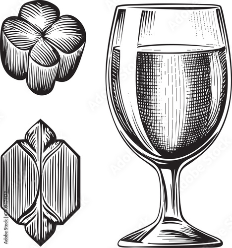 detailed black and white depicts three stylized beer glasses alongside a single ornate wine glass.