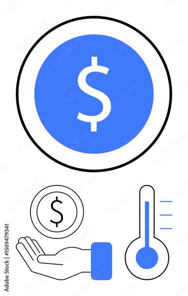 Obraz premium Hand offering a coin, dollar sign in highlighted circle, and thermometer. Ideal for finance, savings, investments, economy, fundraising, goal setting and simple landing page