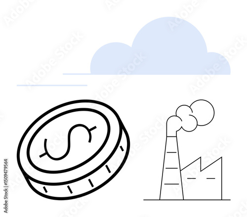 Minimalist factory with smoke emissions, dollar coin, and clouds. Ideal for economy, finance, industry, pollution, sustainability production business. Great for a simple landing page