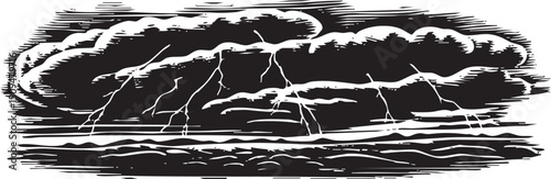 Dark clouds gather over a turbulent ocean.