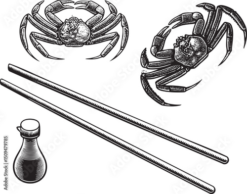 Three crabs are presented with chopsticks and a dipping sauce.