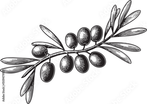 delicate olive branch with glistening green leaves and ripe olives.