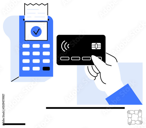 Hand holding credit card near POS terminal with receipt. Ideal for finance, retail, payment, technology, contactless transaction, shopping, simple landing page