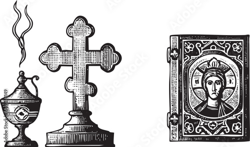black and white depicts a religious cross a chalice and a book with an of a .