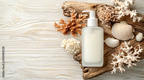 frosted glass lotion pump bottle placed on a driftwood plank, with natural seashells and coral textures around, serene coastal atmosphere, clear label space, subtle contrast