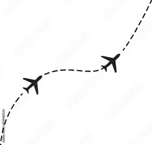 Two airplanes trace a curving flight path on a white background.
