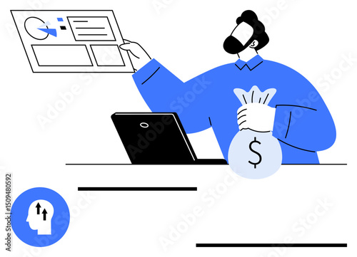 Man holding cash bag and analyzing a financial report with a laptop on the desk. Ideal for business, finance, investment, strategy, productivity, analysis, simple landing page