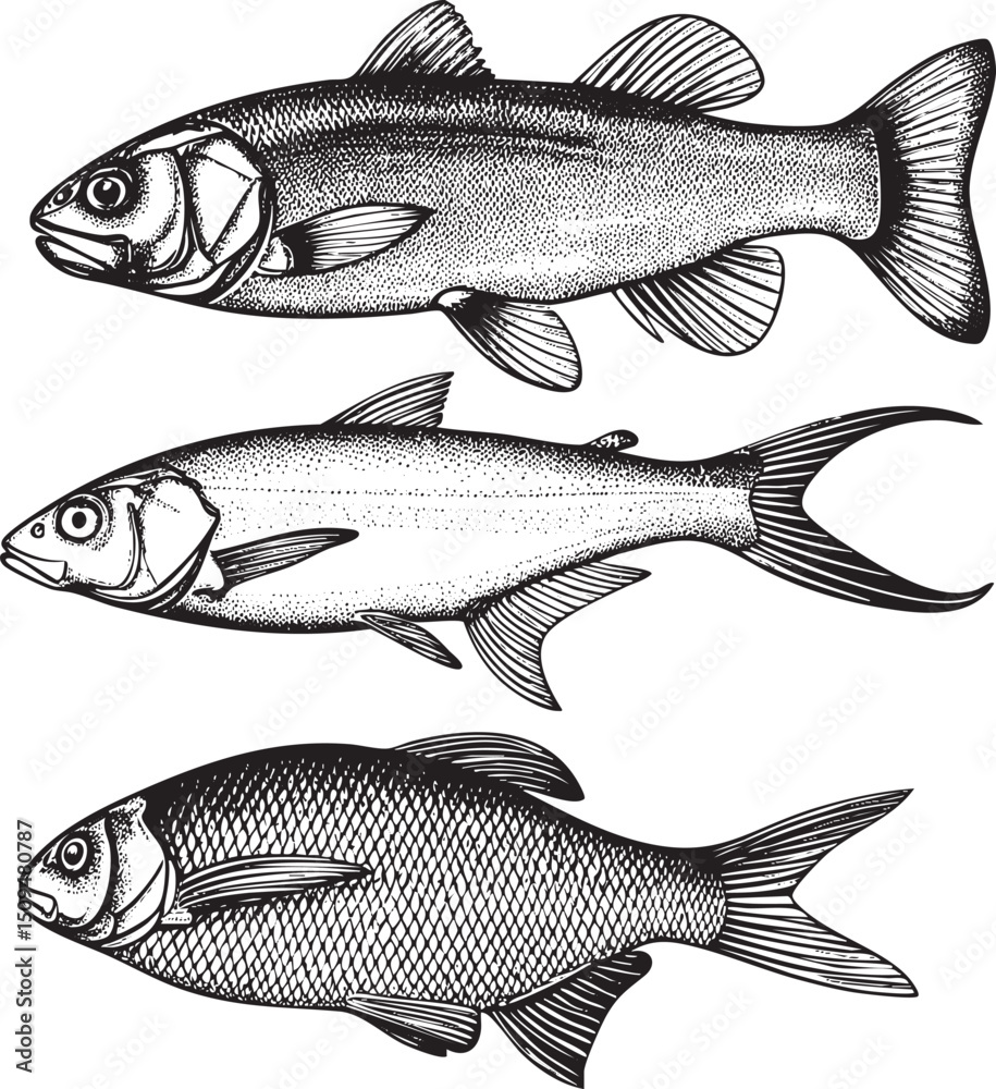 Obraz premium Three stylized fish illustrations in a linear style.