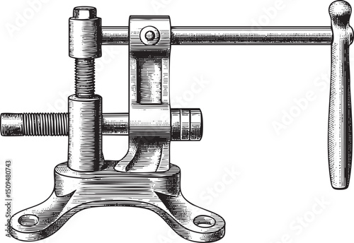 vintage metal press rests on a sturdy base ready for operation.