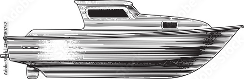 sleek gray motorboat glides across a calm water surface.