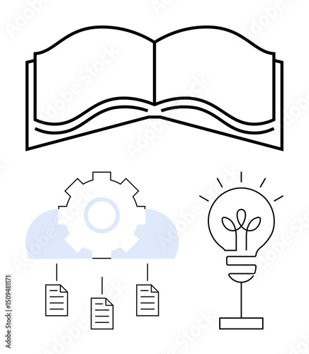 Open book symbolizes education, gear with cloud and documents signifies data exchange, and lightbulb represents creativity. Ideal for education, research, technology, knowledge sharing, innovation
