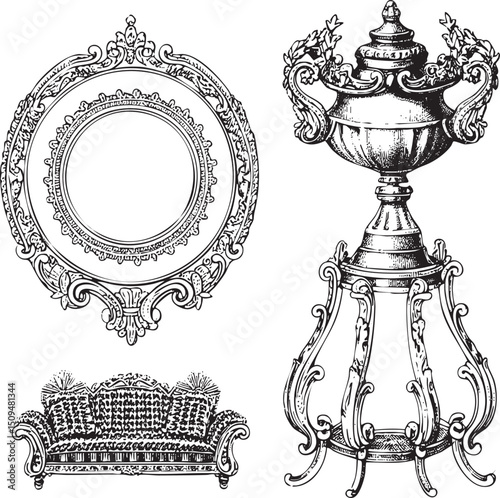 ornate circular frame rests beside a gilded trophy and an elegant armchair.