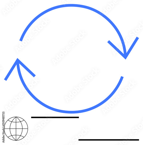 Blue circular arrows and globe symbol convey process, recycling, or global connectivity. Black lines add minimalism. Ideal for sustainability, teamwork, technology, global reach, progress