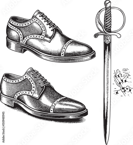 Two black leather brogues are presented alongside a decorative sword and scattered fragments.