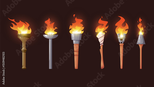 Torch flame icon set. Collection of burning ancient, medieval, sport, Nordic, Roman, tropical torchlights. Vector illustration on a dark background.