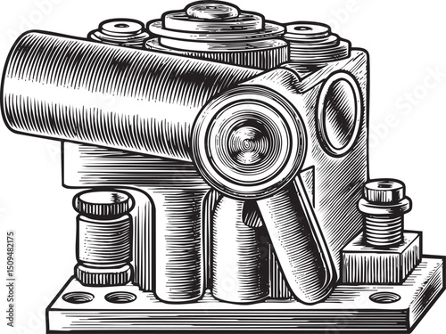 detailed black and white engraving depicts a complex mechanical device.