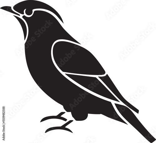 stylized black bird stands alert on a white background.