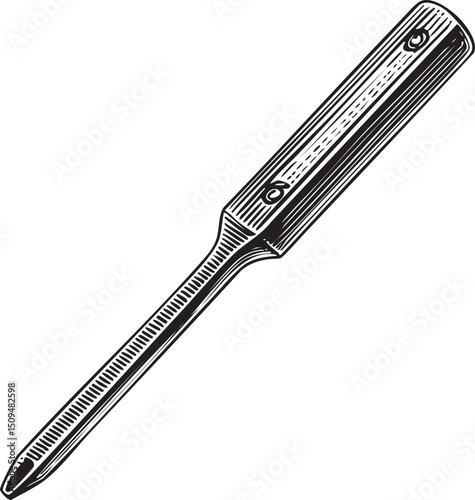 sleek black wood chisel rests on a white surface.