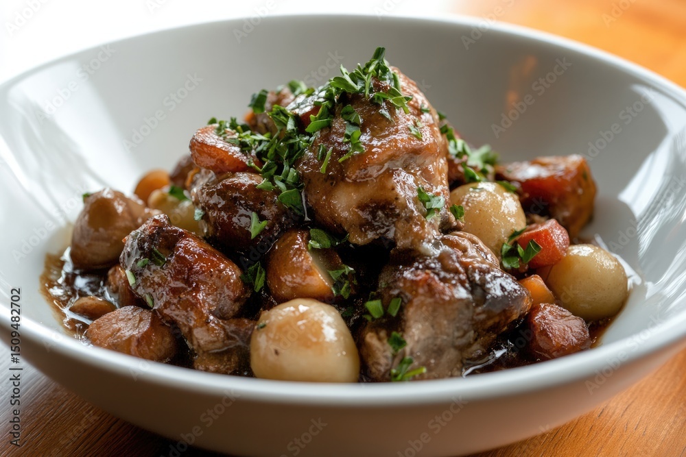 French dish: braised chicken, wine reduction, tender poultry, gourmet recipe, culinary delight, rich sauce, rustic meal, classic preparation, traditional flavor, aromatic garnish. French dish: braised chicken, wine reduction, tender poultry, gourmet recipe, culinary delight, rich sauce, rustic meal, classic preparation, traditional flavor, aromatic garnish.