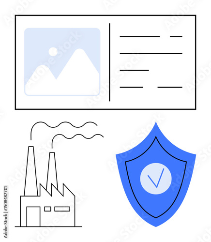 Factory emitting smoke with safety shield featuring a checkmark, accompanied by text and image elements. Ideal for industry protection, compliance, clean energy, manufacturing, environment, safety photo