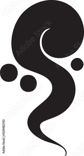 stylized swirling black shape is adorned with three white circles.
