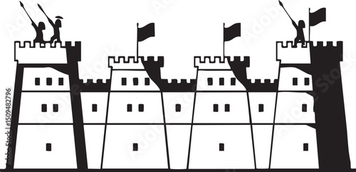Silhouetted figures stand atop a fortified wall.