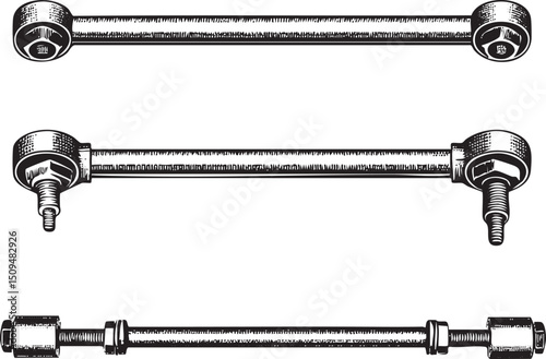 black and white depicts a suspension component with multiple joints.