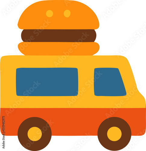 A cartoon food truck with a large burger on top