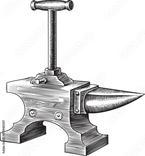 detailed engraving depicts a sturdy blacksmith’s anvil with a prominent lifting lever.