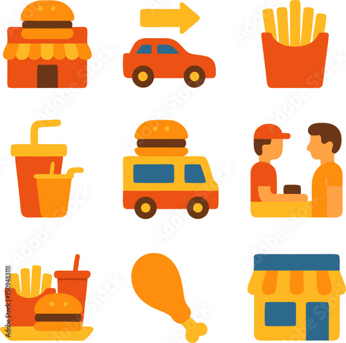 Fast food icons show service options and popular menu items