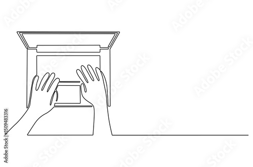 Continuous one line drawing of Hands typing on computer. Single line drawing illustration of Typing on keybord. Working by using laptop concept vector art. Doodle line illustration.