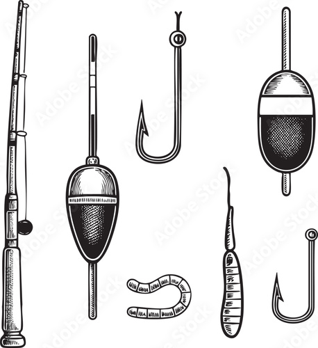 collection of fishing tackle displayed on a white background.