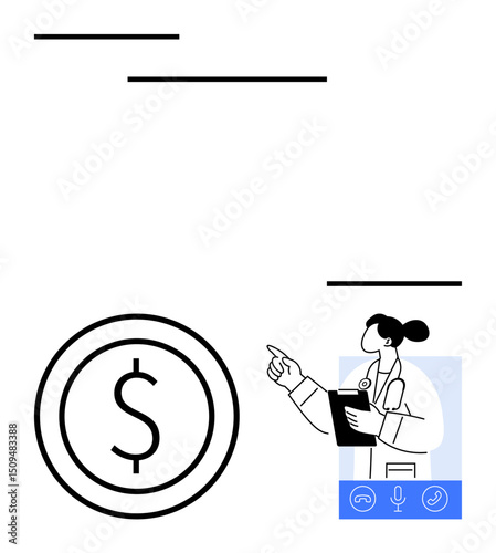 Doctor holding clipboard, pointing, with dollar sign icon. Ideal for healthcare, finance, telemedicine, cost discussion, virtual assistance, digital solutions simple landing page