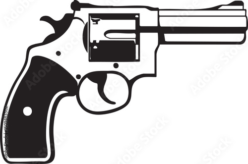 black and white revolver rests on a dark surface.