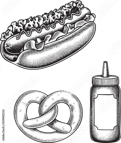 detailed black and white showcases a hot dog topped with relish alongside a pretzel and mustard bottle.