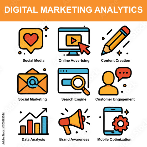 Digital marketing icons for social media, SEO, content creation, and customer engagement across online platforms.