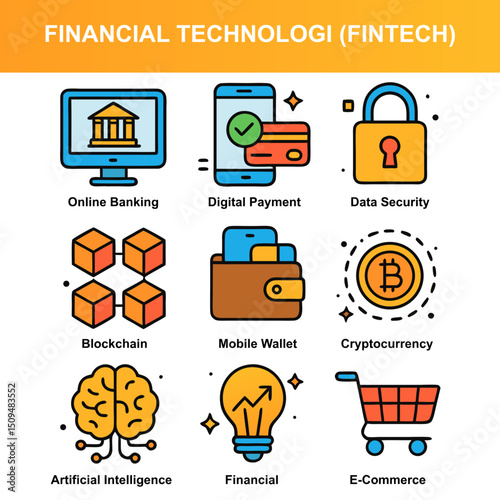 Financial Technology (Fintech) icons for digital banking, cryptocurrency, mobile wallets, and secure payment systems.