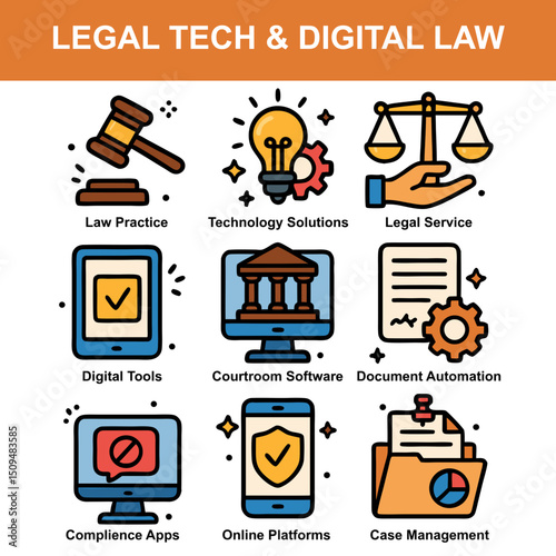 Legal technology icons including document automation, courtroom software, legal compliance, and online law services.