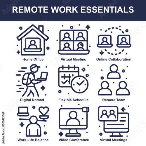 Minimalist lineart icons representing remote work home office, virtual meetings, collaboration, and digital nomad themes.