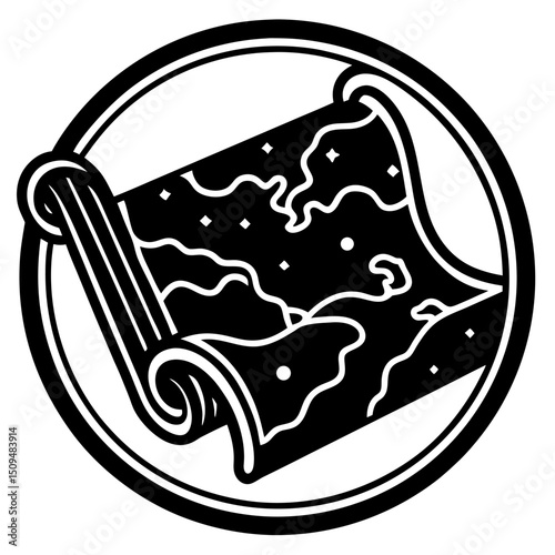 Vintage rolled map icon black and white graphic design