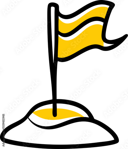 Yellow flag on hilltop simple cartoon illustration