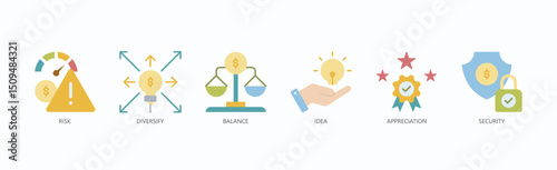 Stability Icon Set Isolated Vector With Icon Of Risk, Diversify, Balance, Idea, Appreciation, Security In Flat Style