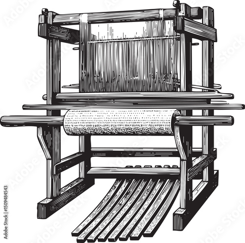 vintage wooden loom displays a woven textile.