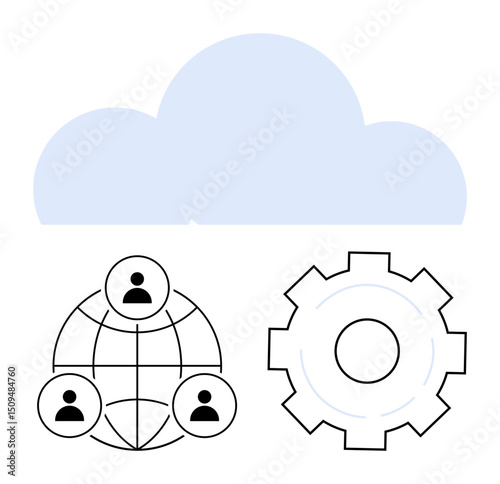 Cloud with a global user network and gear representing digital connection, teamwork, data management, innovation, cloud computing, business strategy, and simple landing page