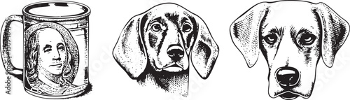 Three black and white dogs observe a mug with a portrait of Benjamin Franklin.